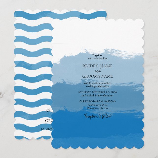 Cartes d'invitation de mariage à l'aquarelle Bleu  (Devant / Derrière)