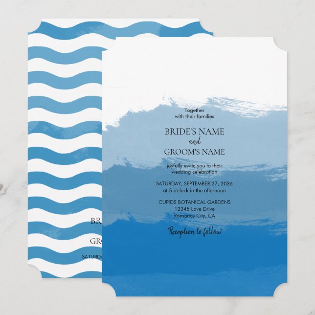 Cartes d'invitation de mariage à l'aquarelle Bleu  (Devant / Derrière)