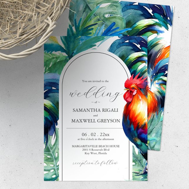 Cartes d'invitation de mariage à l'aquarelle Key W (Bright color wedding invitations features unique rooster, palm tree and leaves watercolor art.)