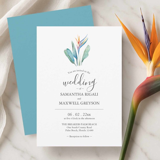 Cartes d'invitation de mariage à l'aquarelle Oisea (Wedding invitations cards watercolor tropical bird of paradise art by Victoria Grigaliunas)