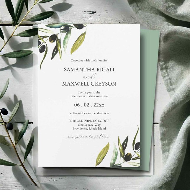 Cartes d'invitation de mariage à l'aquarelle olive (olive wedding invitations features watercolor art by Victoria Grigaliunas of do Tell A Belle)