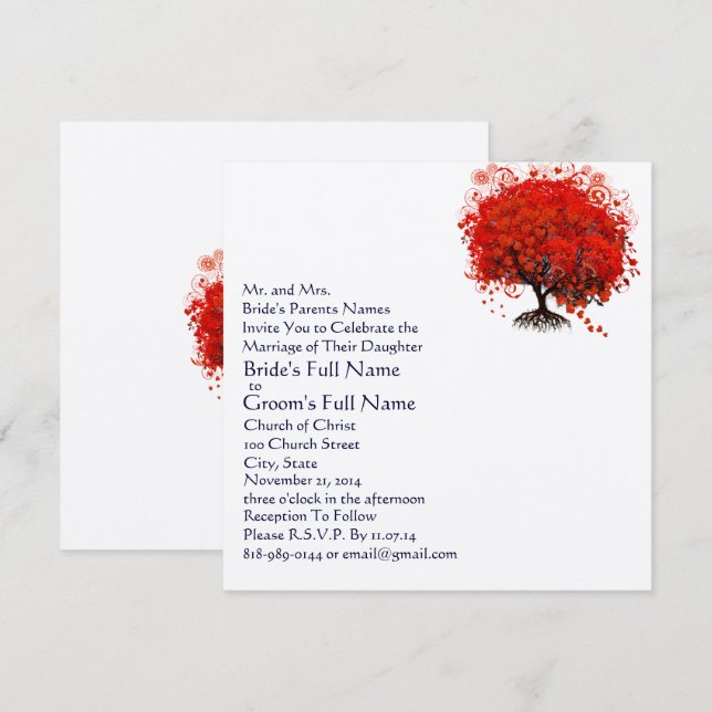 Cartes d'invitation de mariage à l'arbre à feuille (Devant / Derrière)