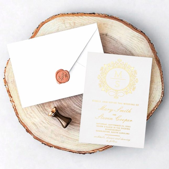 Cartes d'invitation de mariage à monogramme doré (I wish you happiness!)