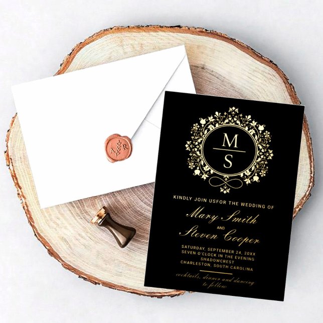 Cartes d'invitation de mariage à monogramme doré (I wish you happiness!)