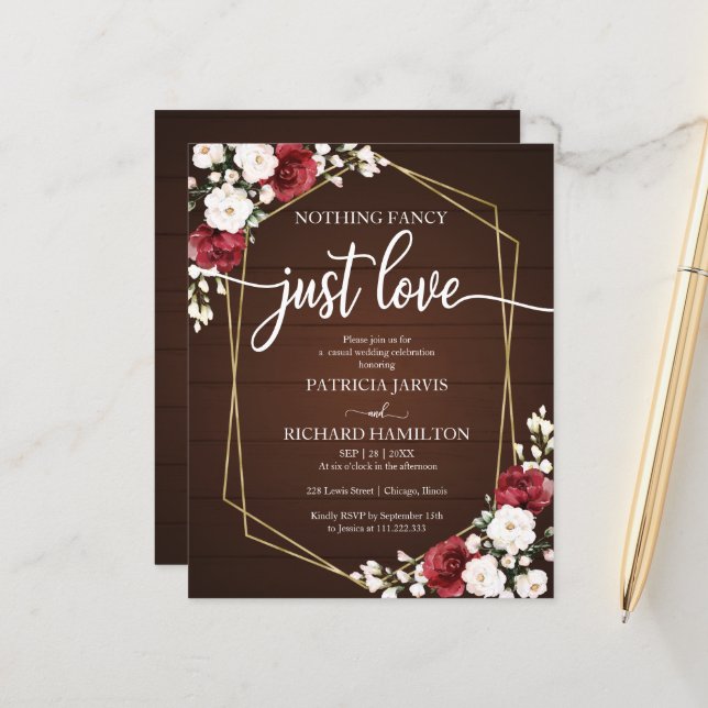 Cartes d'invitation de mariage à petit budget avec (Devant/Arrière en situation)