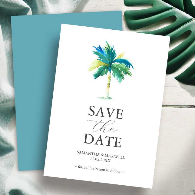 Cartes d'invitation de mariage à thème palmier Sav (Watercolor palm tree save the date wedding invitation art by Victoria Grigaliunas Do Tell A Belle)