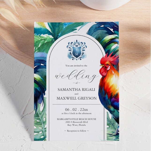 Cartes d'invitation de mariage aquarelle audacieus (Bright and bold color wedding invitations feature rooster watercolor by Victoria Grigaliunas)