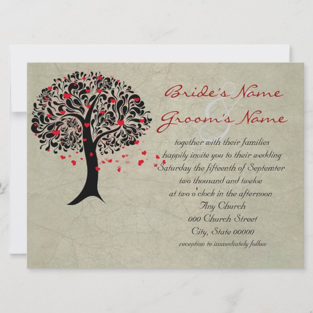 Cartes d'invitation de mariage Arbre vintage de cœ (Devant)