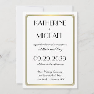 Cartes d'invitation de mariage Art Déco Blanc Élég