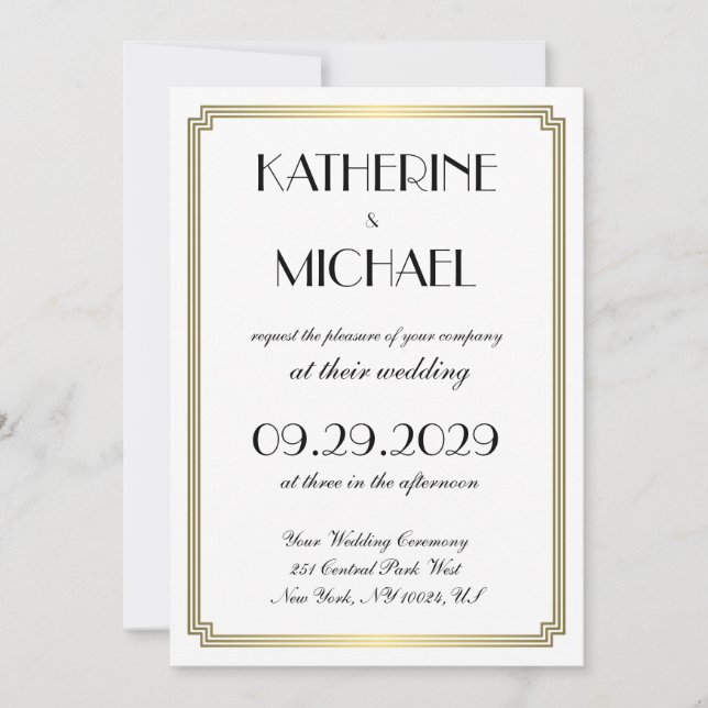 Cartes d'invitation de mariage Art Déco Blanc Élég (Devant)