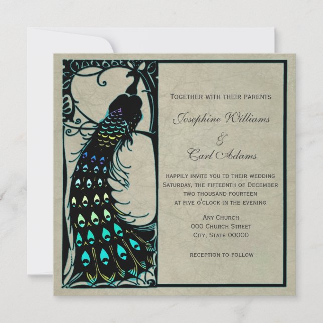 Cartes d'invitation de mariage Art Nouveau au paon (Devant)