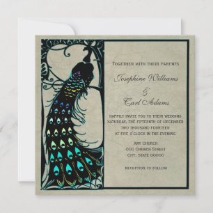 Cartes d'invitation de mariage Art Nouveau au paon