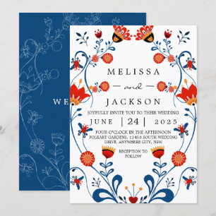 Cartes d'invitation de mariage Art populaire bleu 