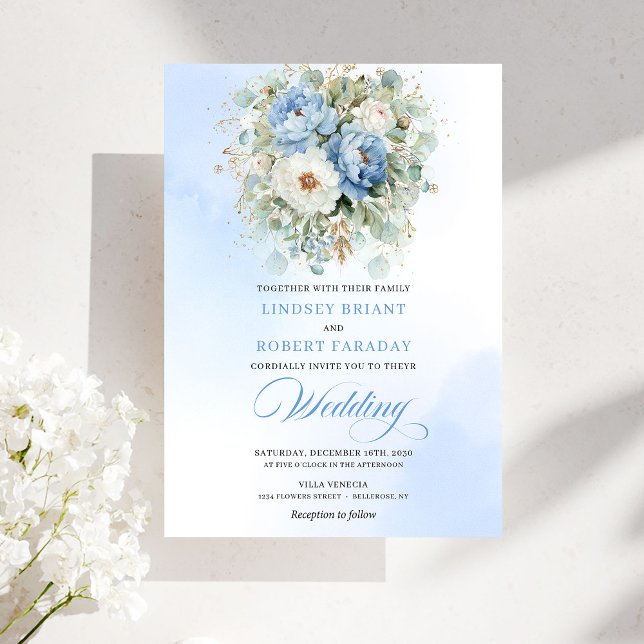 Cartes d'invitation de mariage au cadre doré et pi (Modern Dusty Blue Peony Gold Frame Wedding Invites)
