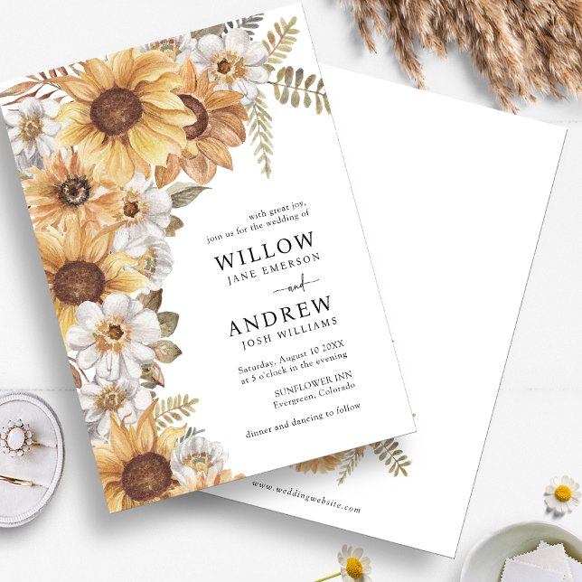Cartes d'invitation de mariage au tournesol rustiq (Rustic Watercolor Sunflower Floral Wedding Invitations by Painted Paperie
)