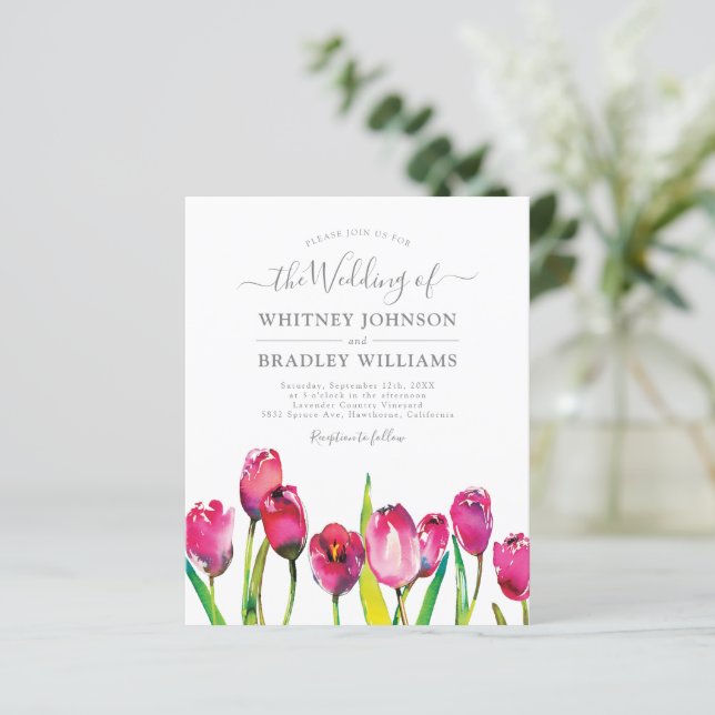Cartes d'invitation de mariage au tulipe rose élég (Debout devant)