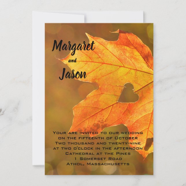 Cartes d'invitation de mariage automnal avec feuil (Devant)
