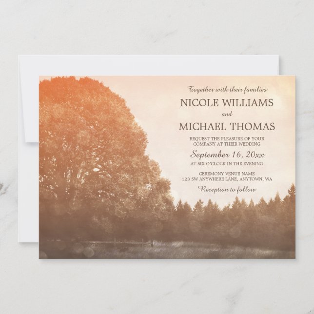 Cartes d'invitation de mariage automnal sous un ch (Devant)