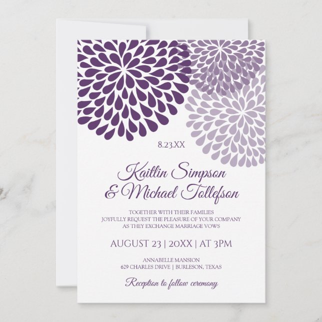 Cartes d'invitation de mariage aux couleurs de pru (Devant)