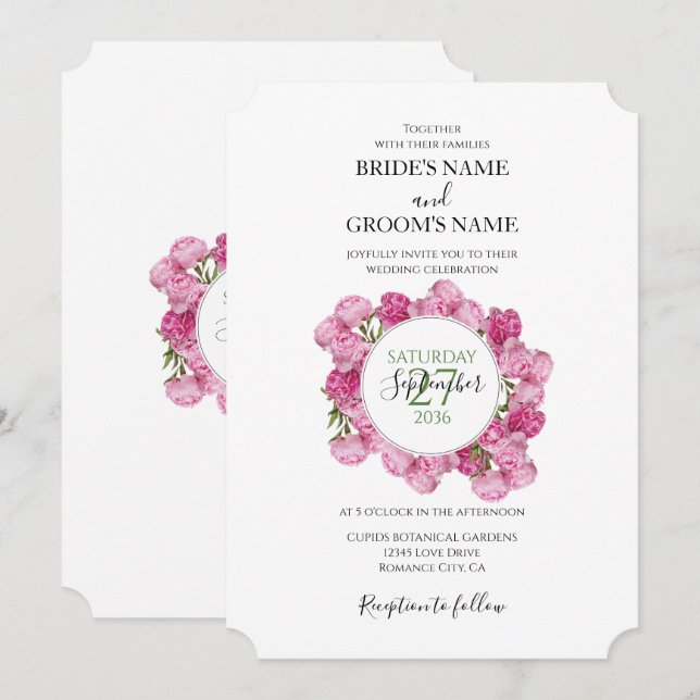 Cartes d'invitation de mariage aux élégantes pivoi (Devant / Derrière)