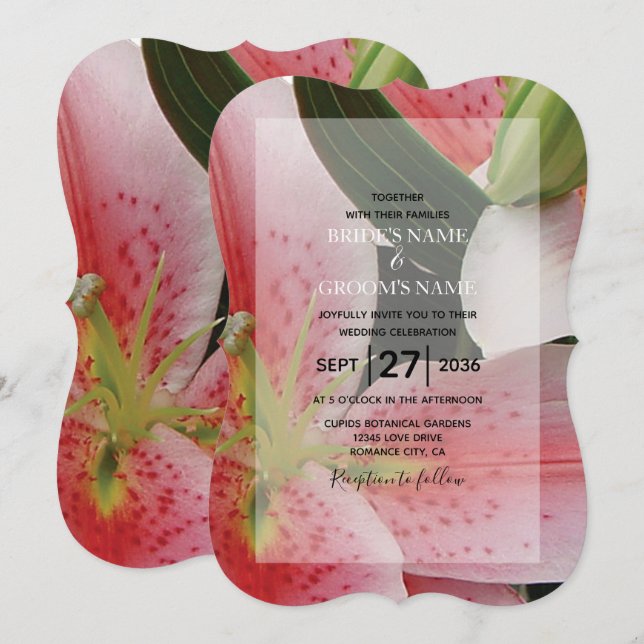 Cartes d'invitation de mariage aux élégants lys or (Devant / Derrière)