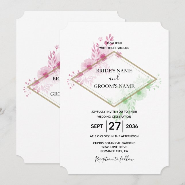Cartes d'invitation de mariage aux fleurs à l'aqua (Devant / Derrière)