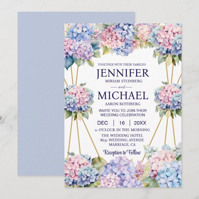 Cartes d'invitation de mariage aux fleurs d'horten (Devant / Derrière)