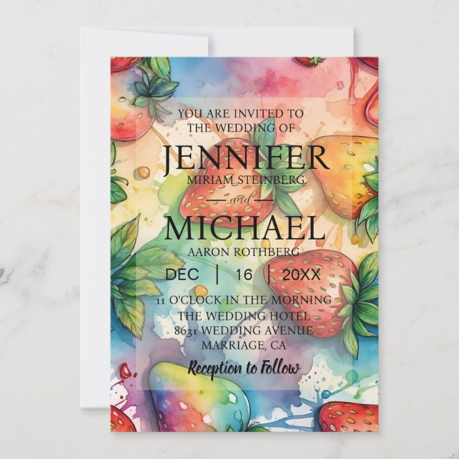Cartes d'invitation de mariage aux fraises arc-en- (Devant)