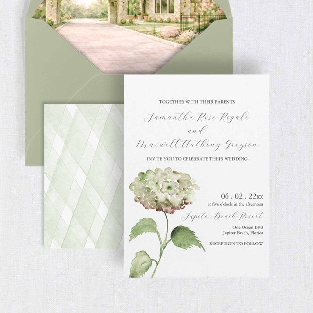 Cartes d'invitation de mariage aux hortensias blan (Watercolor flower wedding invitations with venue envelope liner and green hydrangeas)