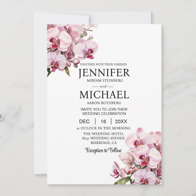 Cartes d'invitation de mariage aux orchidées roses (Devant)