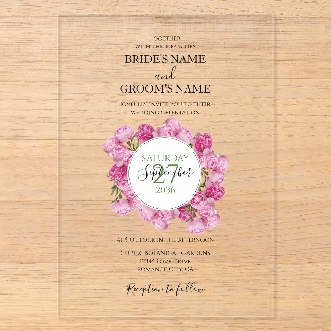 Cartes d'invitation de mariage aux pivoines roses  (Recto)