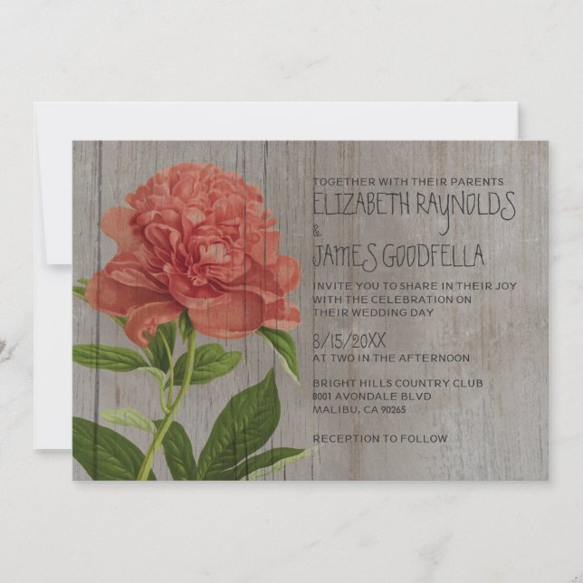 Cartes d'invitation de mariage aux pivoines rustiq (Devant)