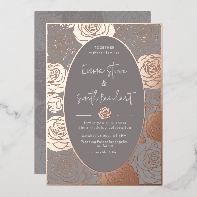 Cartes d'invitation de mariage aux roses grises en (Recto/Verso)