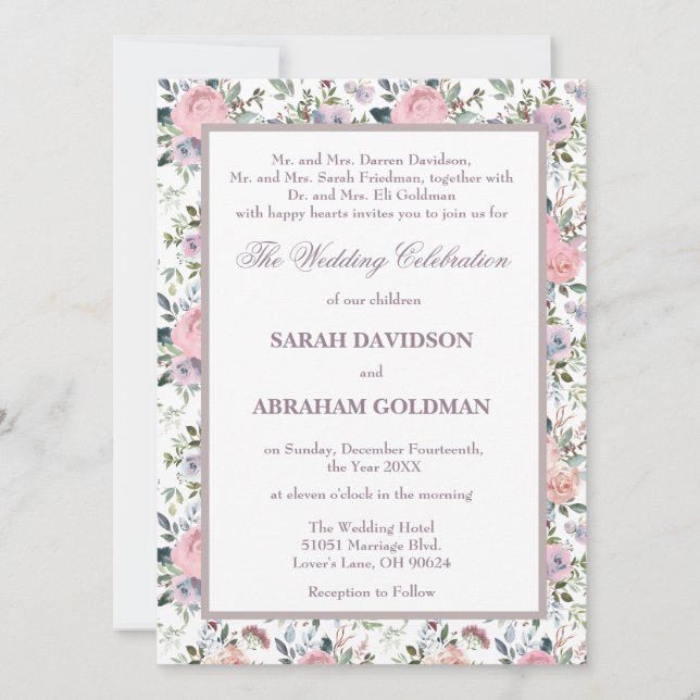 Cartes d'invitation de mariage aux roses pour pare (Devant)