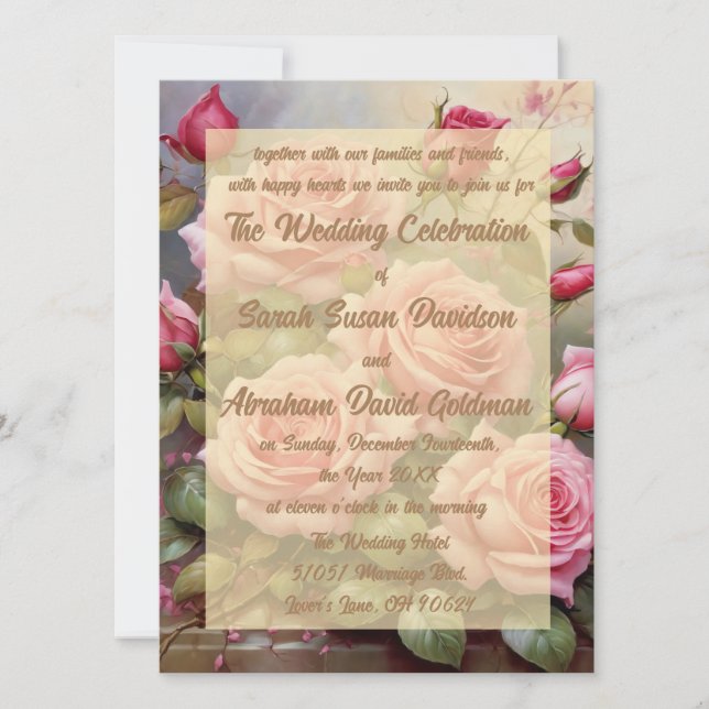 Cartes d'invitation de mariage aux roses roses élé (Devant)