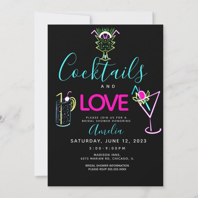 Cartes d'invitation de mariage avec cocktails néon (Devant)