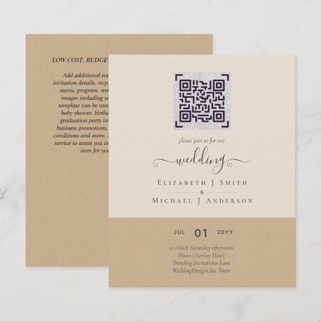 Cartes d'invitation de mariage avec code QR à scan (Devant / Derrière)