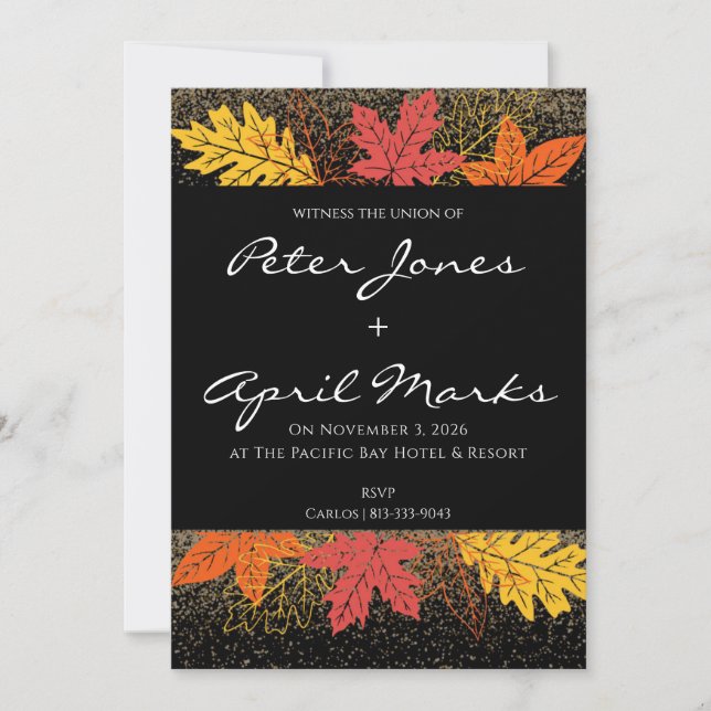 Cartes d'invitation de mariage avec feuilles d'aut (Devant)