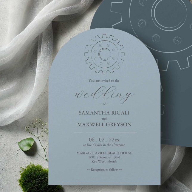 Cartes d'invitation de mariage bleu chic industrie (Industrial chic wedding invitations gear line art by Victoria Grigaliunas of Do Tell A Belle)