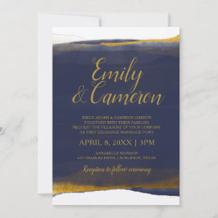 Cartes d'invitation de mariage bleu marine et or -
