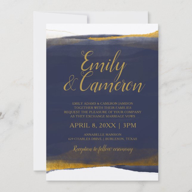 Cartes d'invitation de mariage bleu marine et or - (Devant)