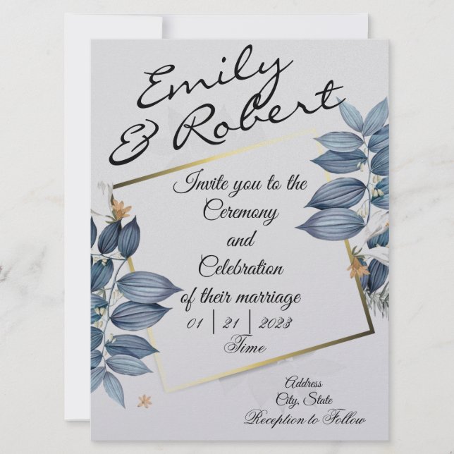 Cartes d'invitation de mariage Blue Leaf (Devant)