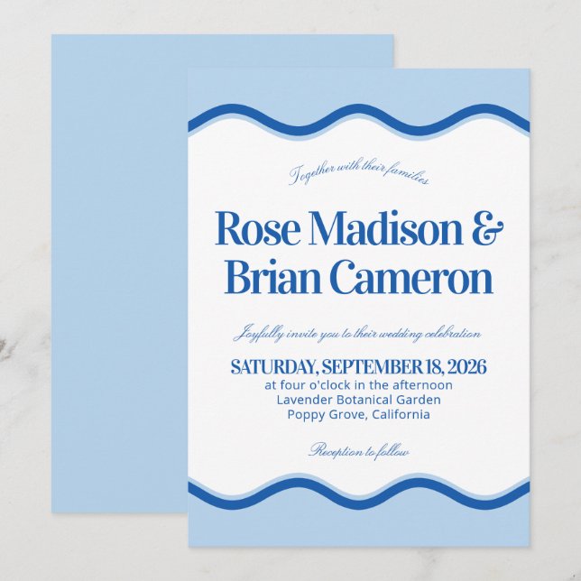 Cartes d'invitation de mariage Blue Wavy Cabana (Devant / Derrière)