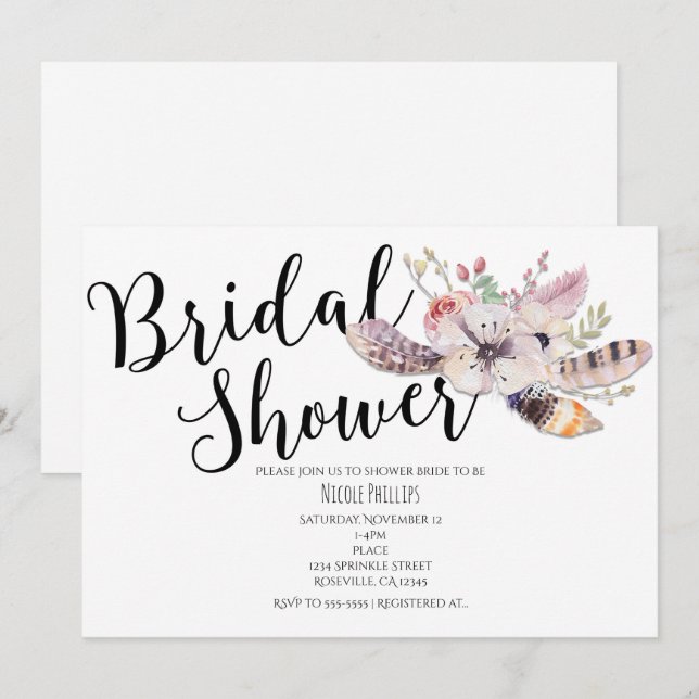 Cartes d'invitation de mariage bohème chic à fleur (Devant / Derrière)