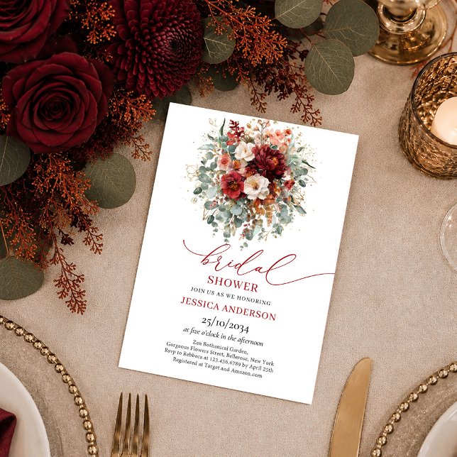 Cartes d'invitation de mariage Bohème Chic Vert Or (Elegant Burgundy Gold Floral autumn bridal shower invitation

)