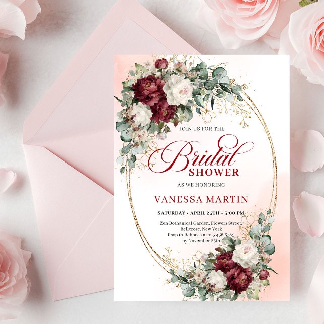 Cartes d'invitation de mariage Bohème Fleurs Rouge (Boho Red and White Flowers Bridal Shower Invitation)