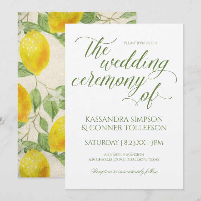 Cartes d'invitation de mariage Branche de Citron | (Devant / Derrière)