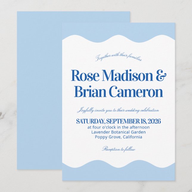 Cartes d'invitation de mariage Cabane Bleue Ondulé (Devant / Derrière)