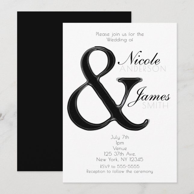 Cartes d'invitation de mariage chic en noir et bla (Devant / Derrière)