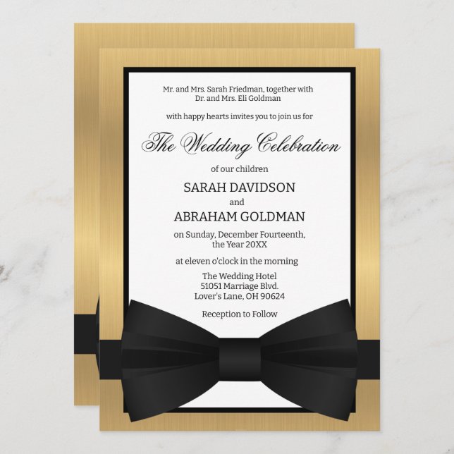 Cartes d'invitation de mariage Classiques Or Noir  (Devant / Derrière)